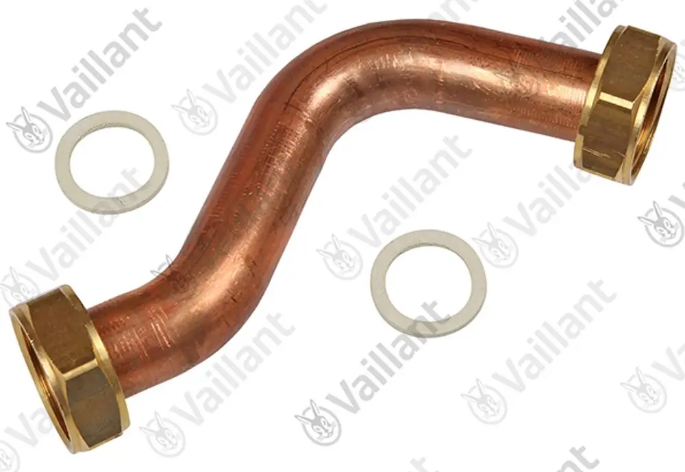 Kupferrohr mit einer Biegung und zwei Messingmuttern, jeweils mit einer Dichtung, für den Einsatz in Vaillant Warmwasseranlagen.